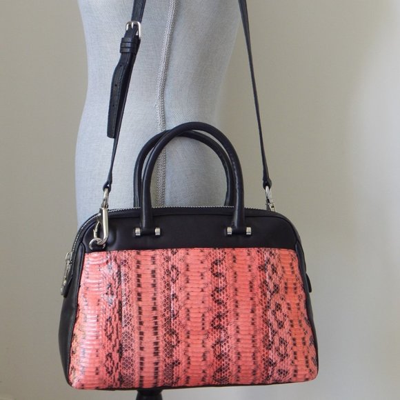 MILLY Black Lambskin Dome Coral Watersnake Panel Embellished LG Satchel Bag NWT - Picture 2 of 16